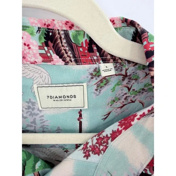 7Diamonds Mens Five Story Pagoda Japanese Print Rayon Shirt Blue Large SMK-6279 - Picture 3 of 7